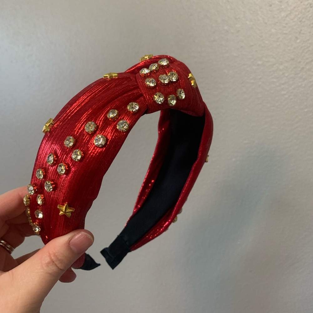 Red and Gold Hair Accessory with Plush Texture and Sparkling Embellishments